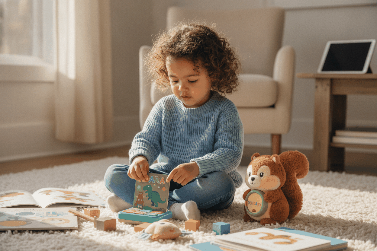 Young child playing with toys instead of digital screens highlights how digital screens are the cause of ADHD concerns