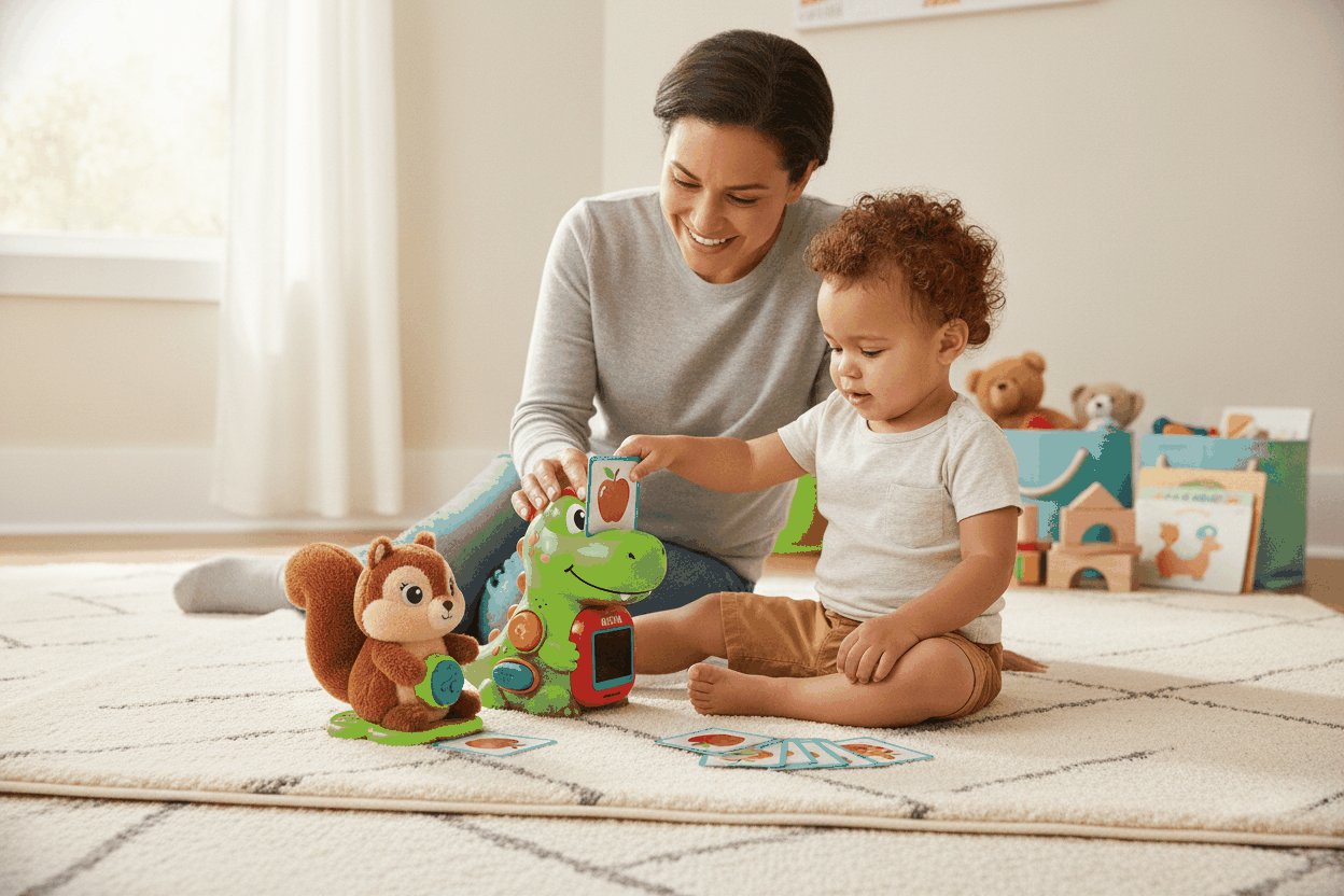 Parent and child enjoying a screen-free interactive learning toy for fun early education at home