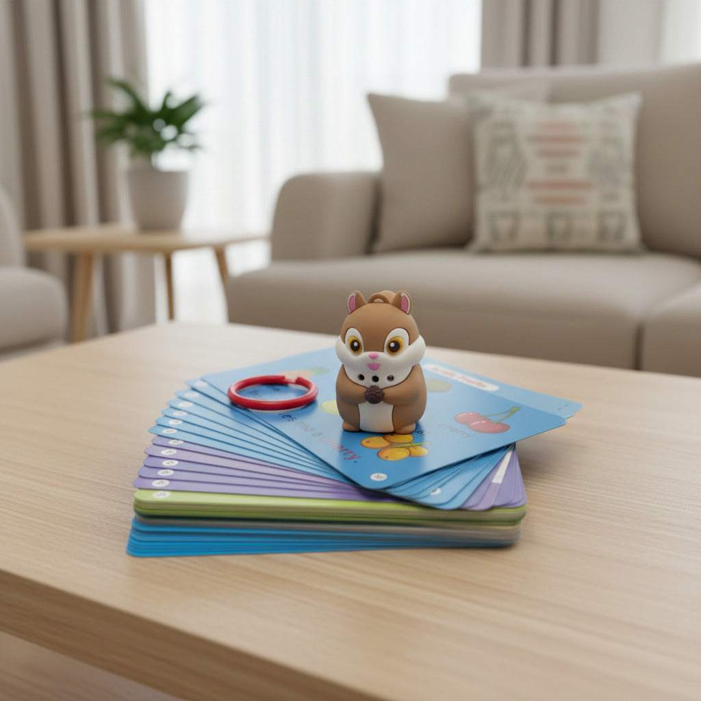 A children's early education card game set with a light blue box a small squirrel toy, a stack of colorful cards, and a red ring, arranged on a white surface with decorative leaves and flowers in the background.